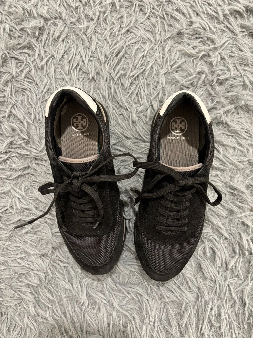 Tory Burch Sneakers Women’s 6.5 M Sawtooth Suede Canvas Black Grey Logo Trainers